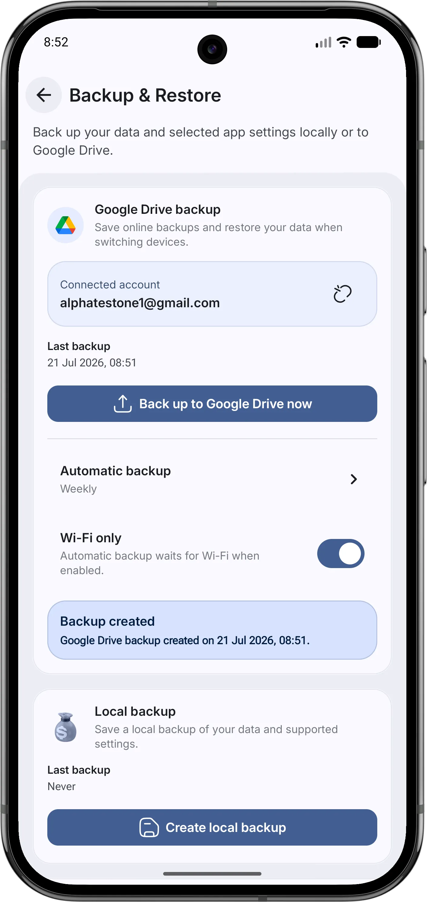 Harbour backup and restore screen