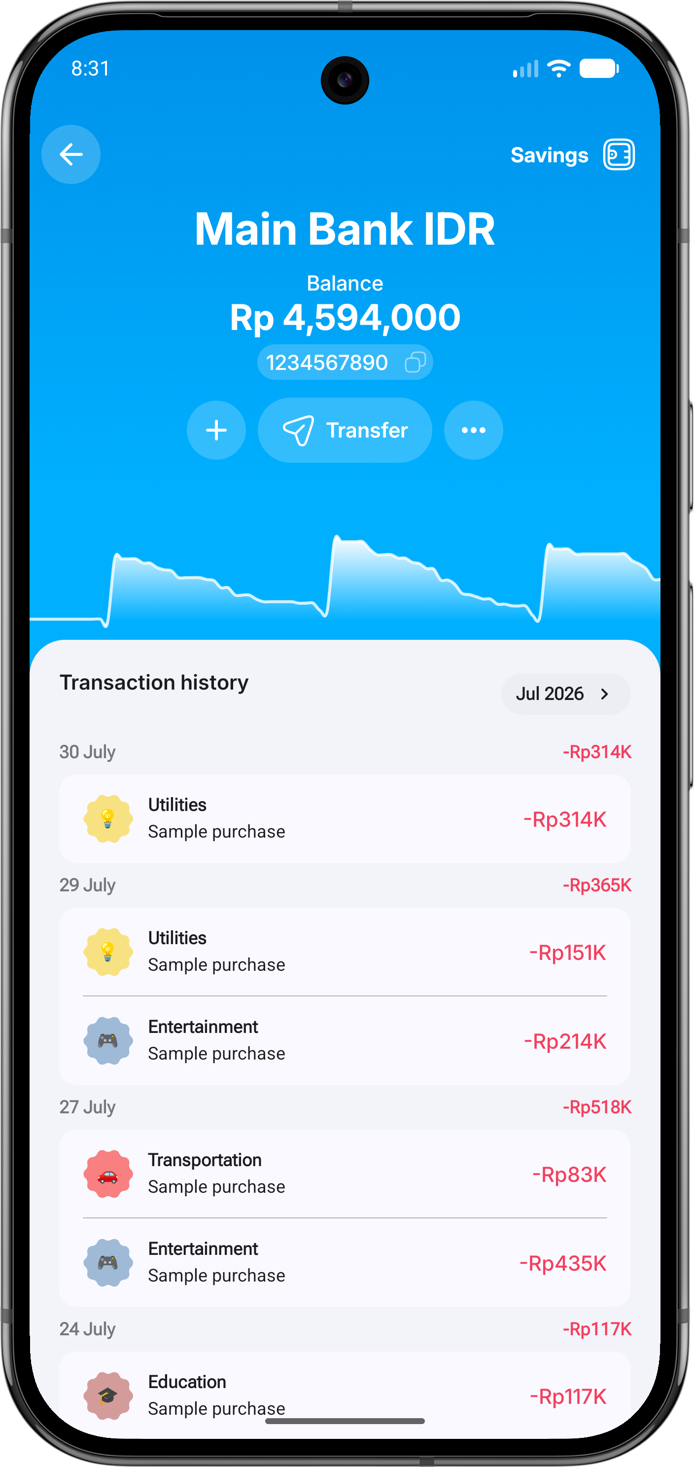 Harbour accounts and transactions screen