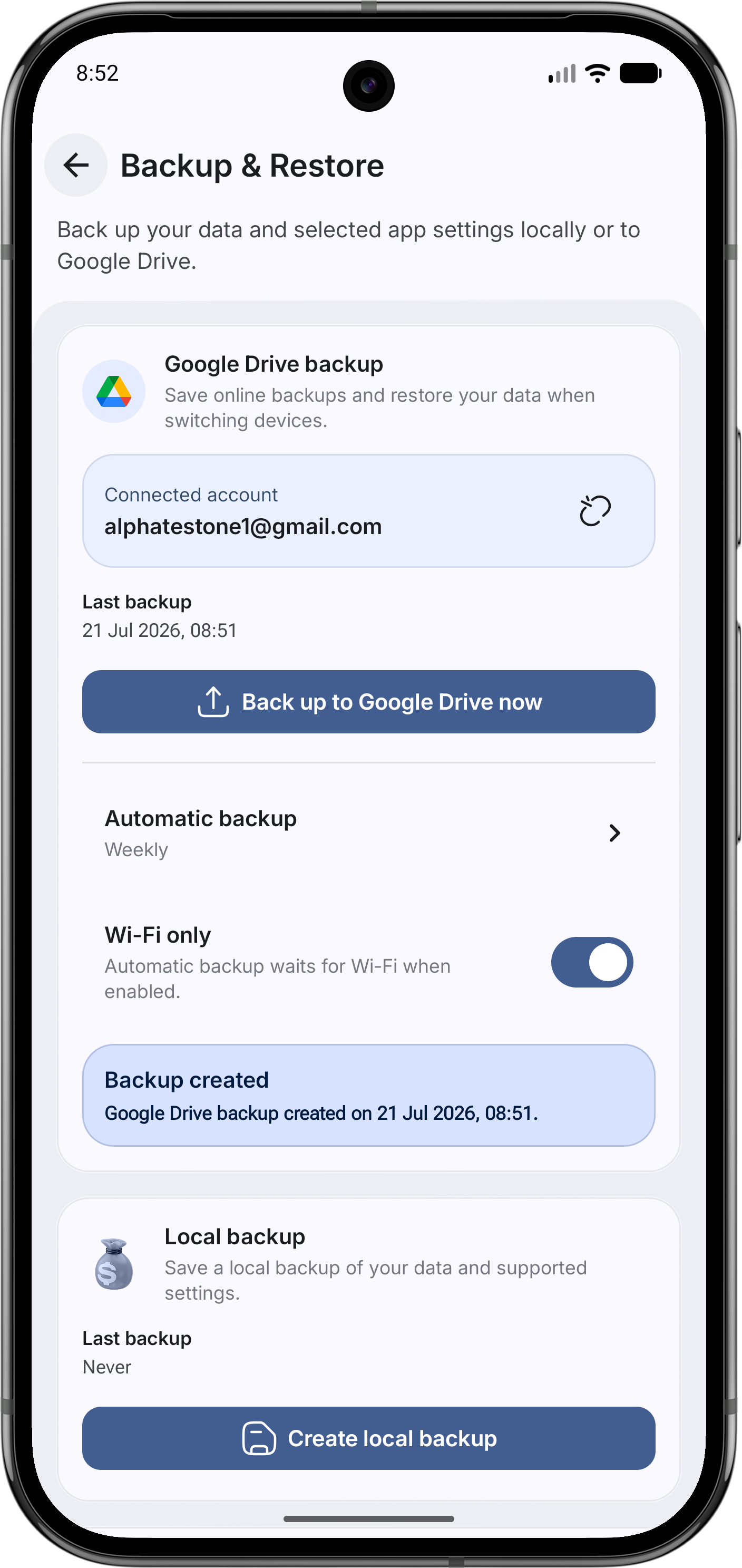 Harbour backup and privacy settings