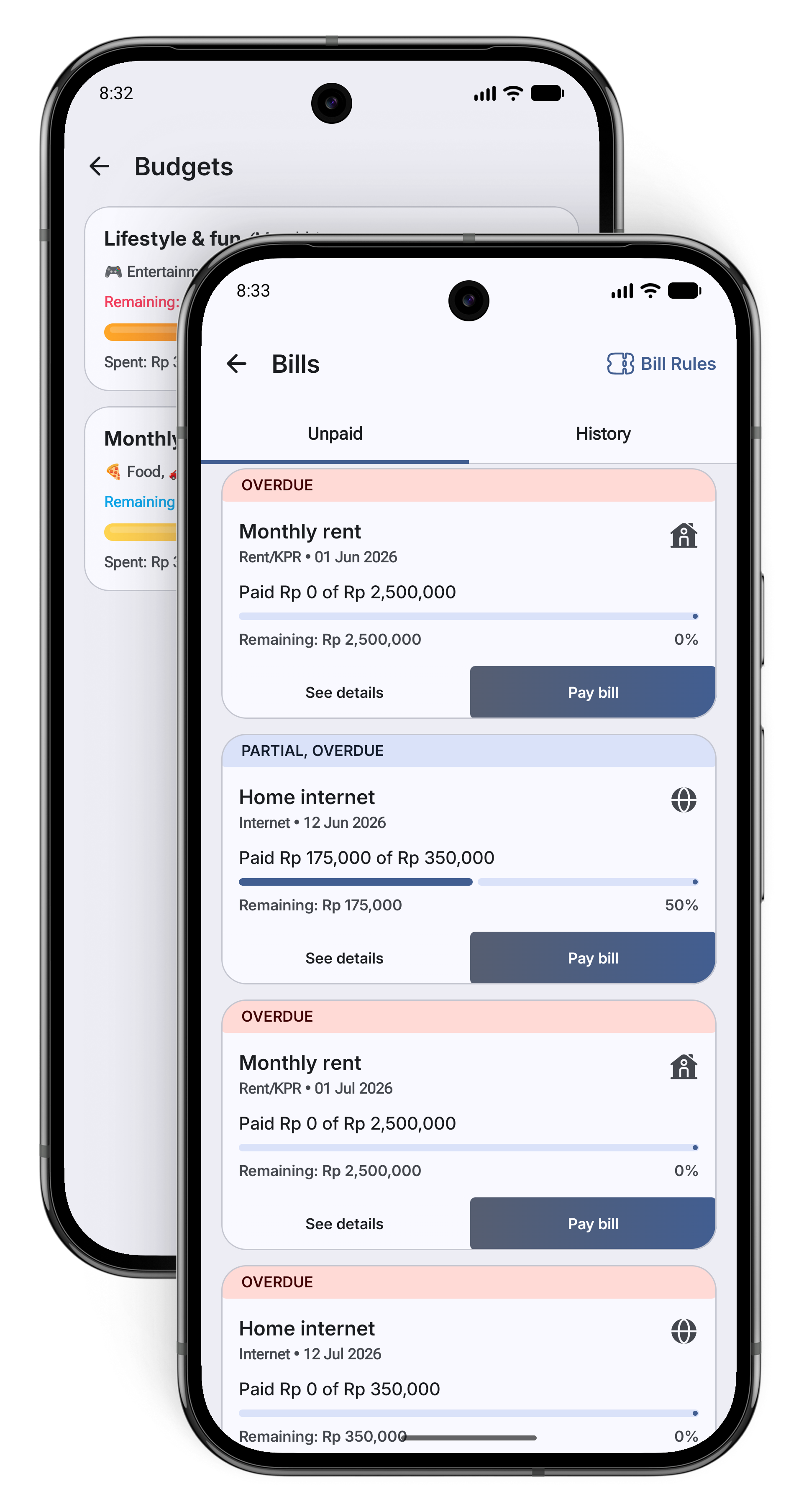Harbour budget and bills screens